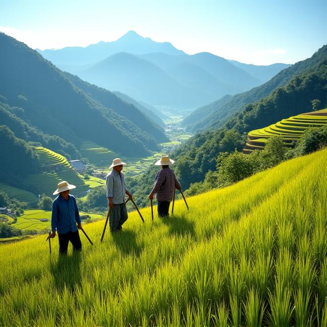 棚田で作業をする農家の人